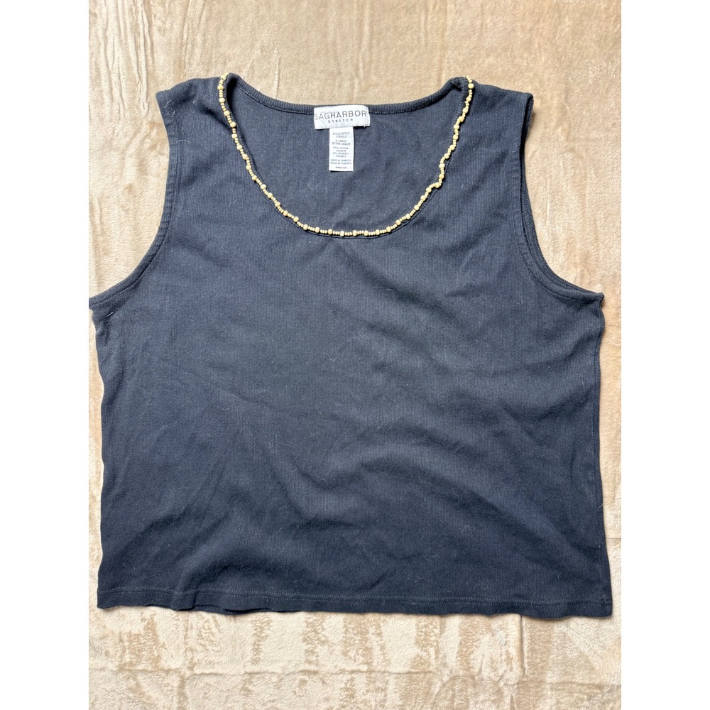 Sag Harbor Stretch Black Beaded Scoop Neck Tank Top XL ‎ Boho Layering Summer